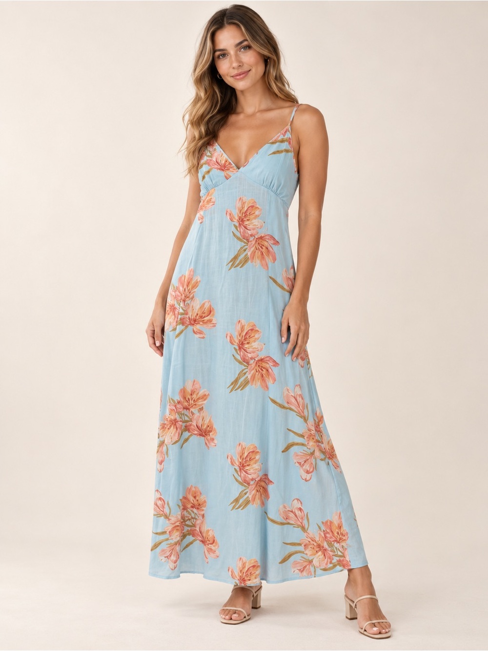 Sky Blue Floral Maxi Dress with Spaghetti Straps